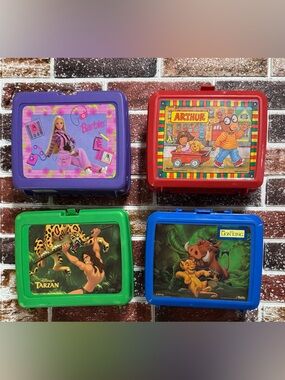 Lot of 4 Vintage character lunch box- Barbie , Arthur, Tarzan, lion king